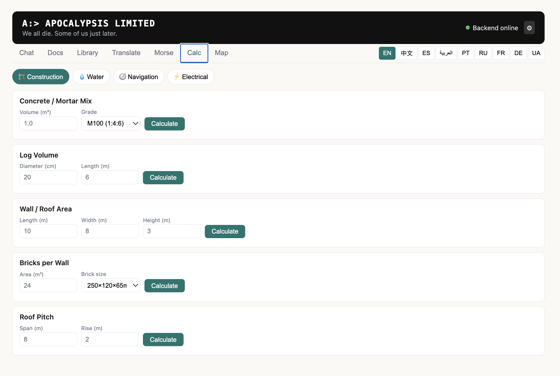 Survival calculators showing construction tools for concrete mix, log volume, wall area, bricks, and roof pitch