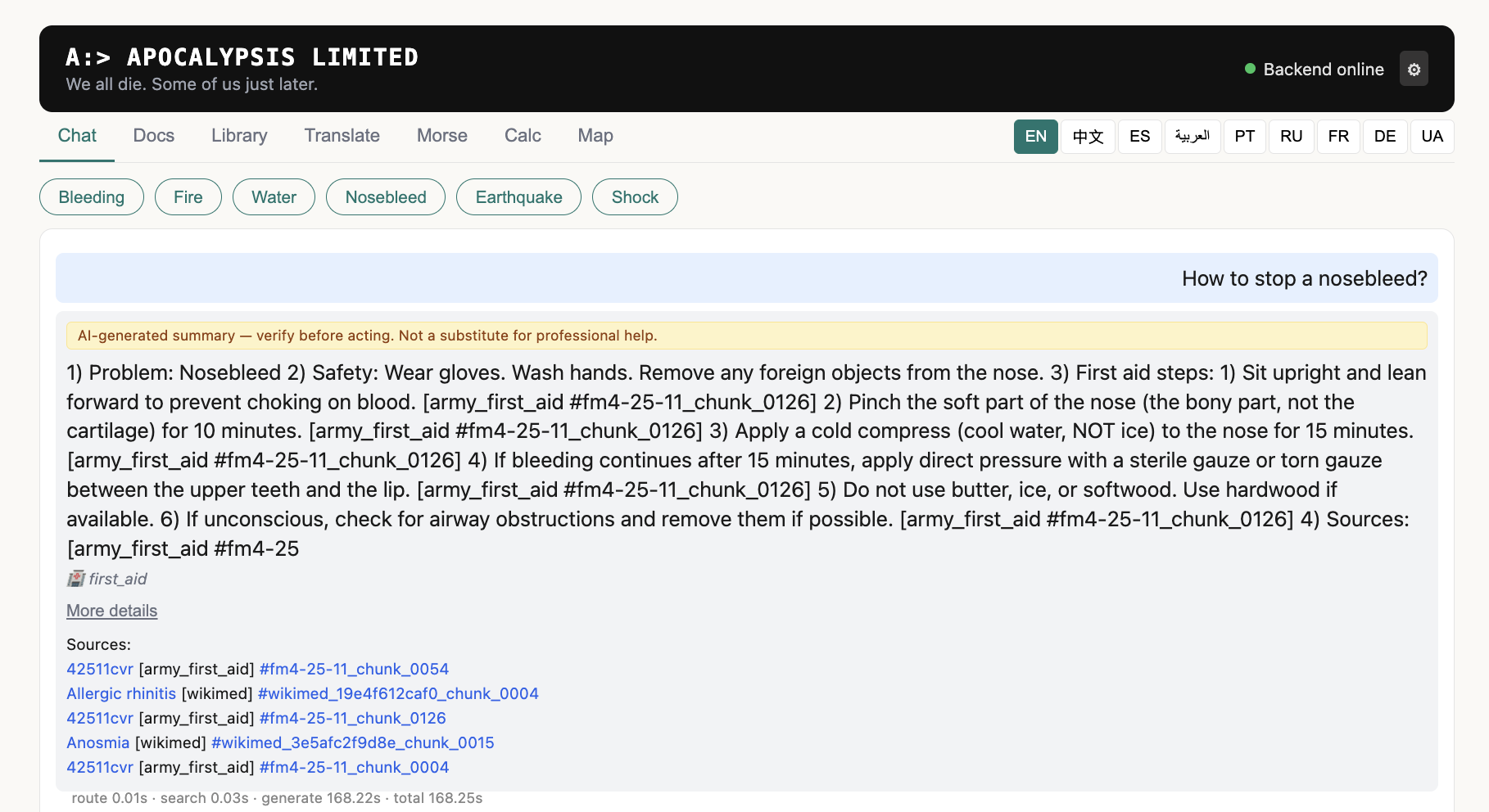 Apocalypsis AI chat answering a survival question about nosebleeds with sourced medical guidance