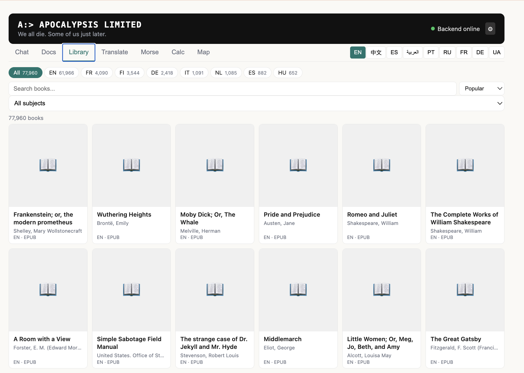Library interface showing 77,960 books with search and language filters