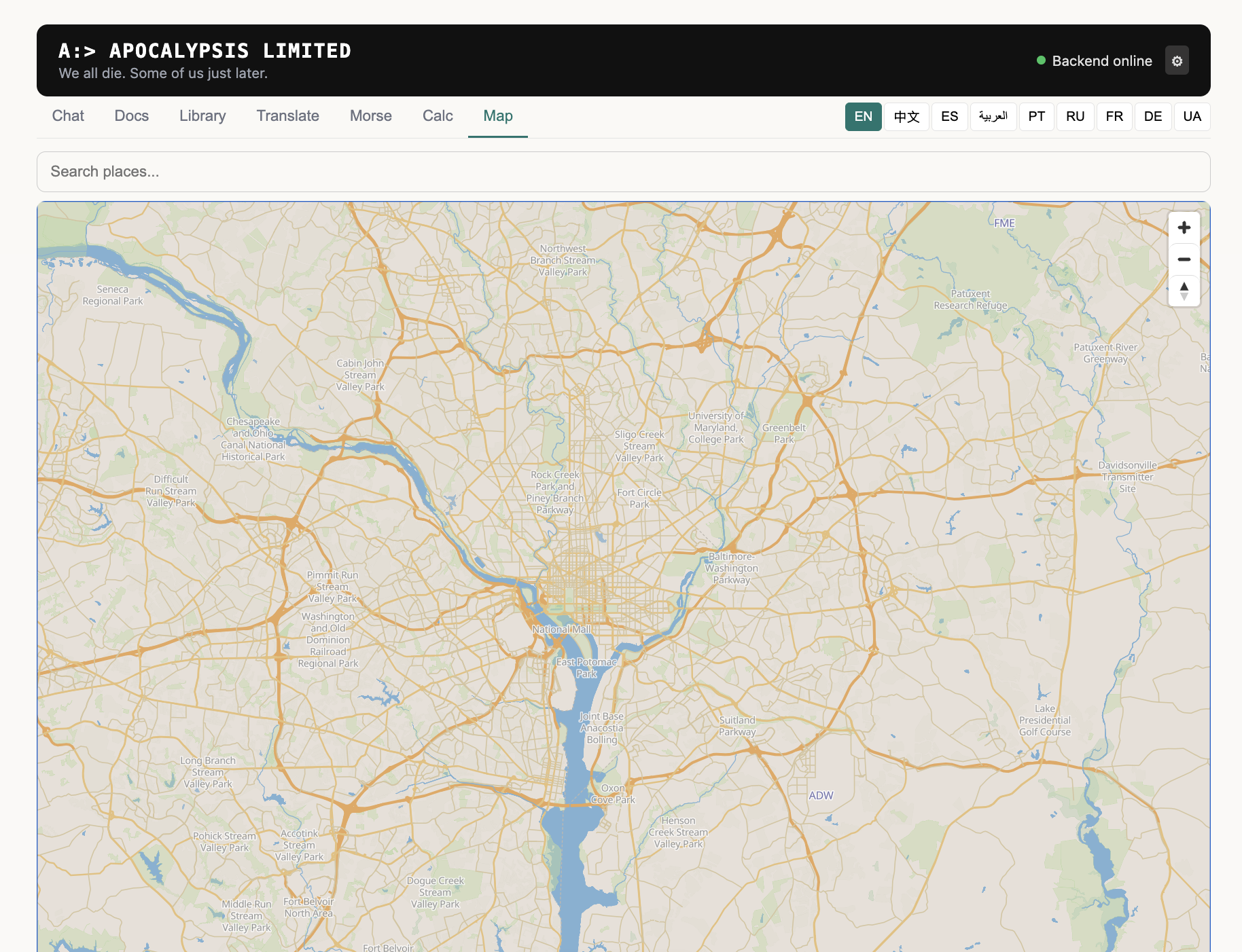 Offline vector world map showing Washington DC area with roads, terrain, and place search