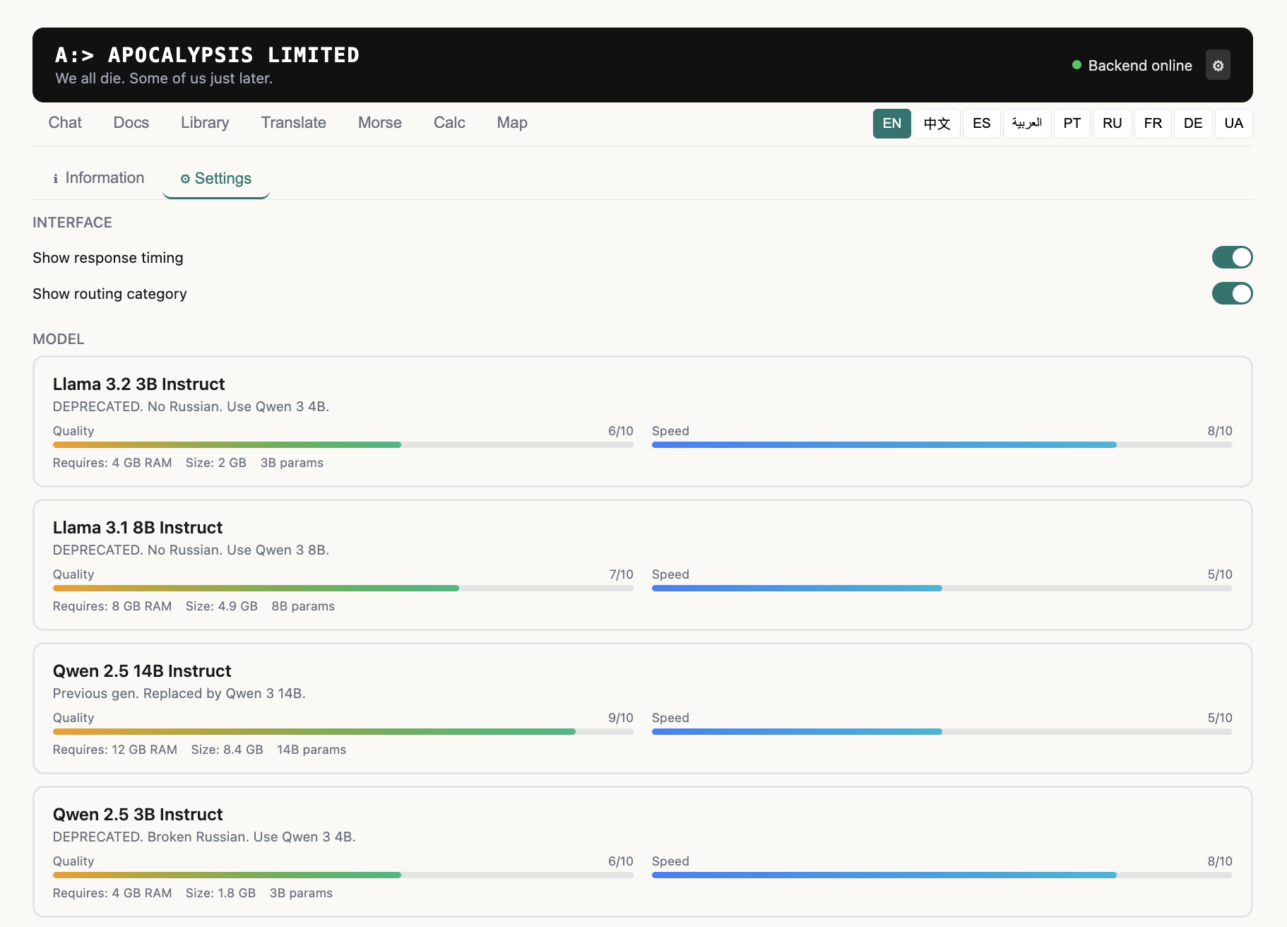 Settings panel showing available AI models with quality and speed ratings, RAM requirements, and interface options